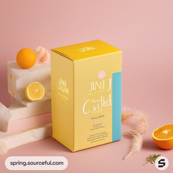 Yellow product box with citrus-themed design and fruit accents.