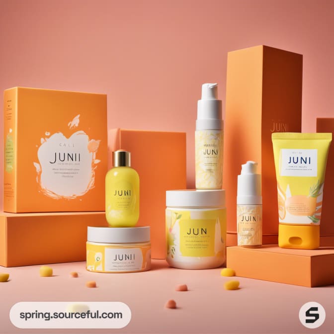 Orange-themed skincare products arranged on peach background.