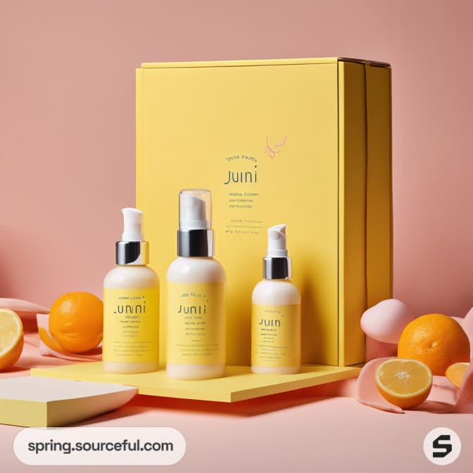 Yellow skincare bottles and packaging with citrus accents.