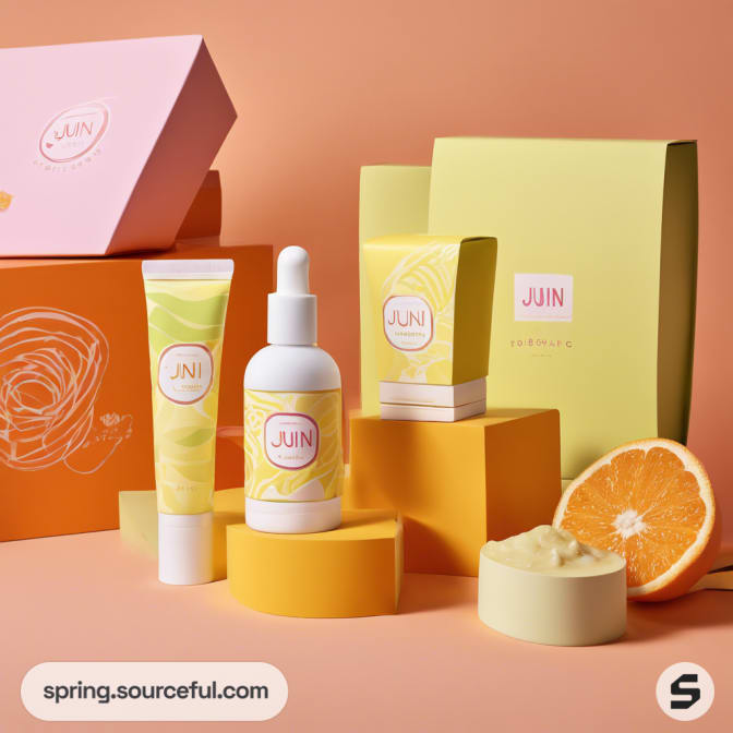 Skincare products in orange and yellow packaging with fruit design.