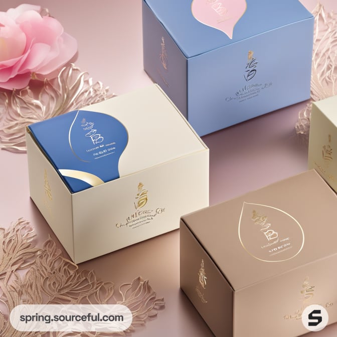 Blue and beige boxes with floral and leaf patterns.