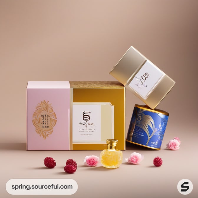 Gold and pink packaging with decorative bottle and flowers.