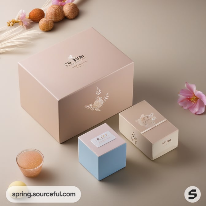 Neutral-tone boxes with floral elements and decorative items.