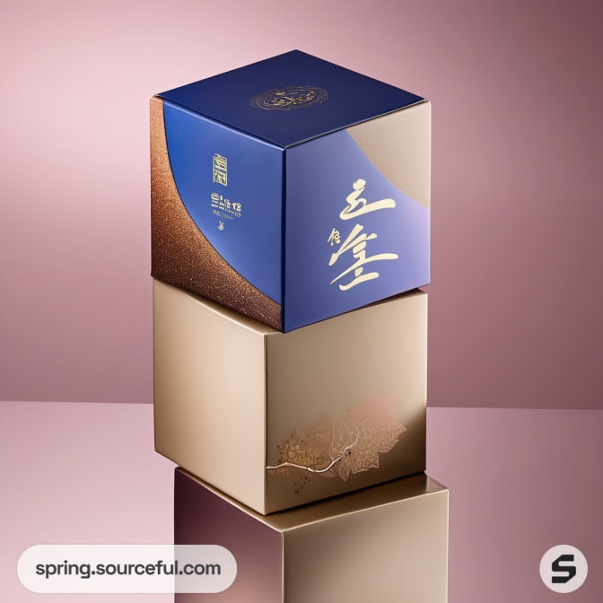 Elegant stacked boxes with blue and beige design.