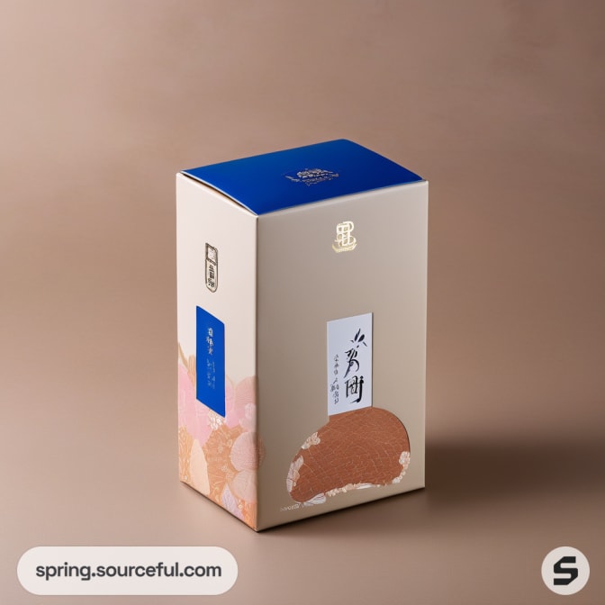 Beige box with blue top and abstract design.
