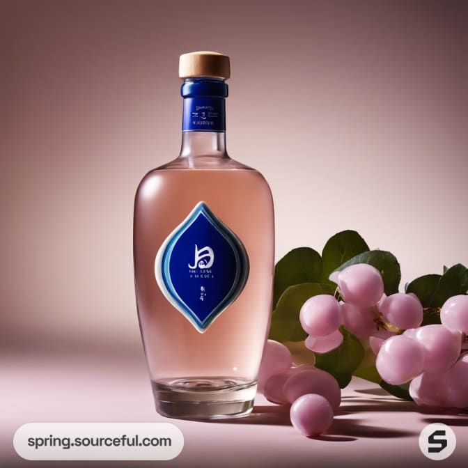 Clear bottle with blue label set against floral decor.