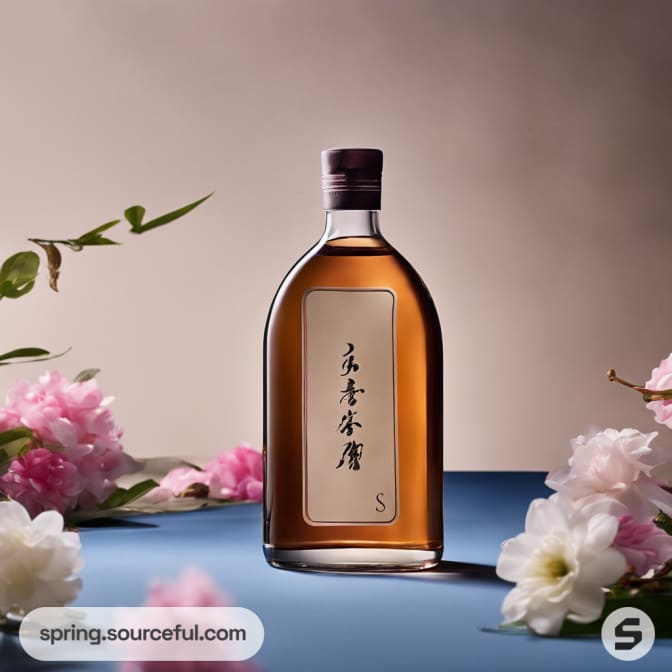 Long bottle with calligraphy label among flowers.