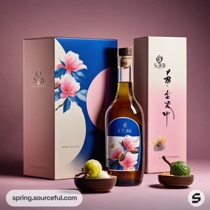 Bottle with floral label and decorative packaging.