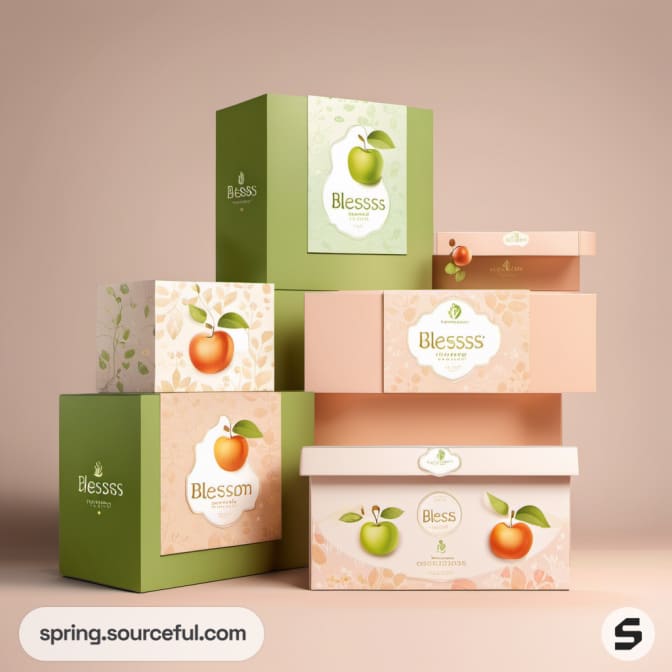 Stacked green and peach boxes with fruit illustrations
