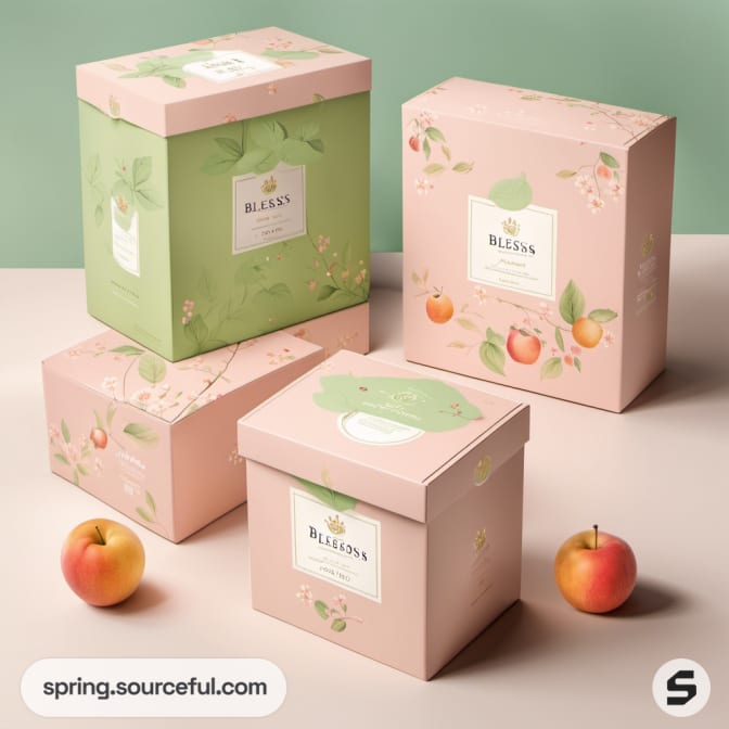 Pastel green and pink boxes with floral patterns and apples