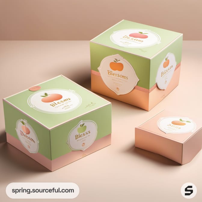 Peach and green boxes with fruit illustrations and labels