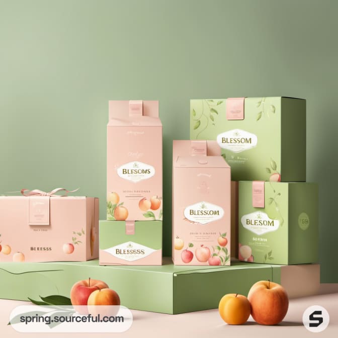 Assorted pastel green and pink packs with peaches