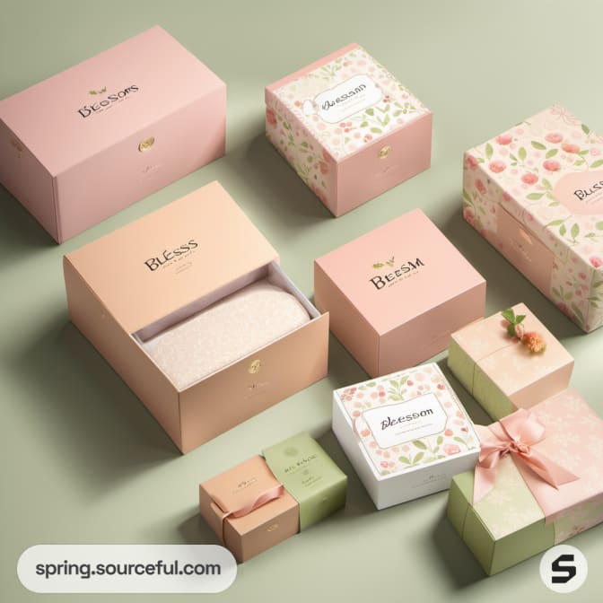 Pastel gift boxes in green and pink with floral designs