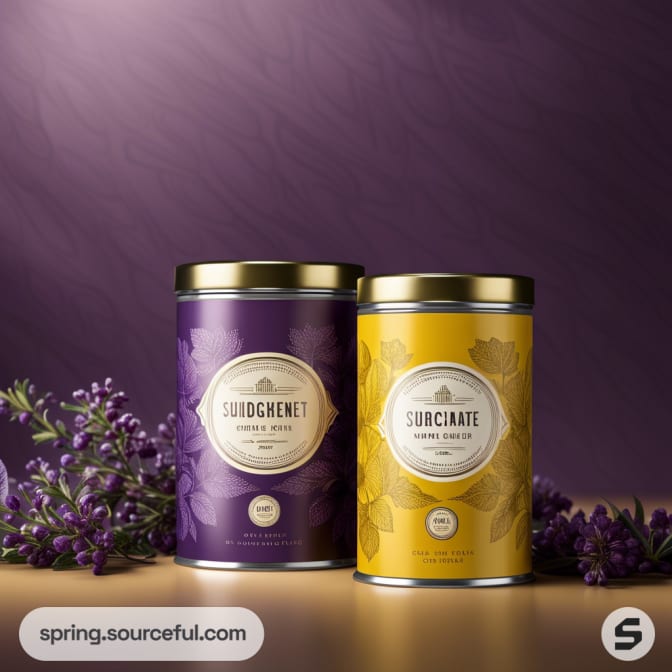 Two cylindrical tea tins with floral patterns, one purple and one yellow, surrounded by lavender against a purple background.