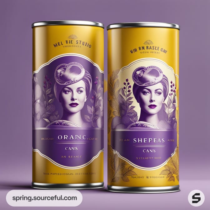 Two elegant cylindrical cans on a purple background, featuring vintage-style illustrated portraits and floral designs.