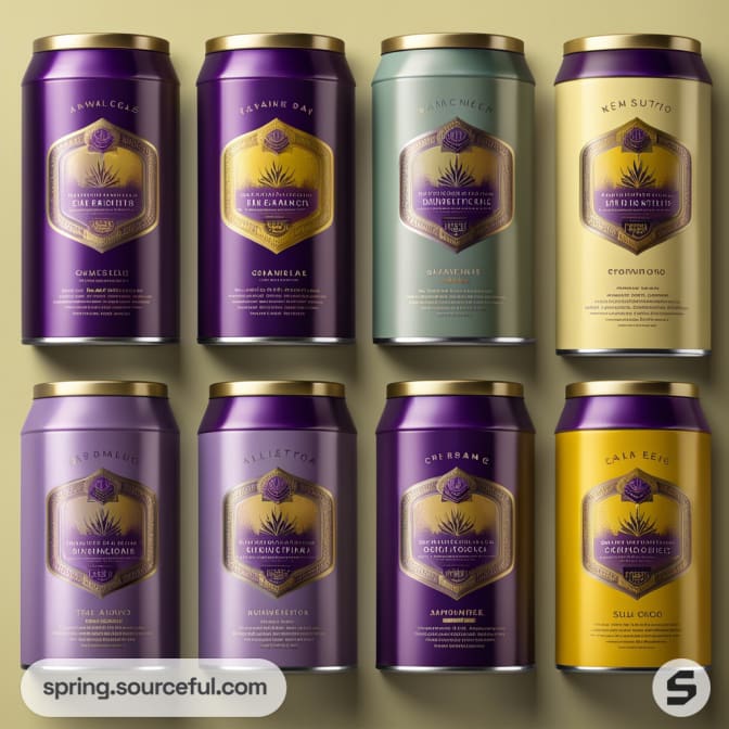 Various colored beverage cans with abstract floral designs displayed in a grid arrangement.