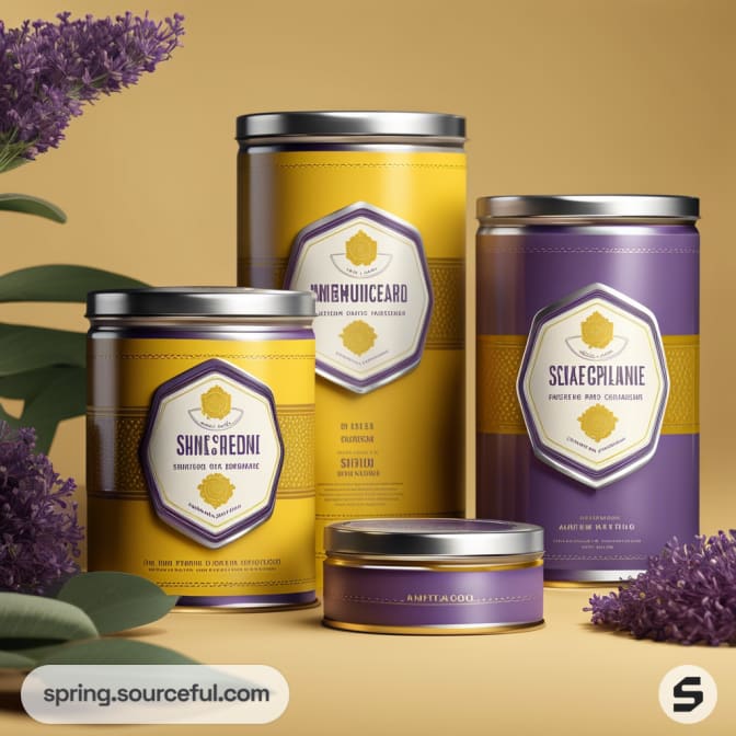 Stacked metal canisters with octagonal labels in purple and yellow hues, surrounded by sprigs of lavender.