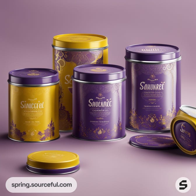 Purple and yellow metal tins with floral design on a purple background.