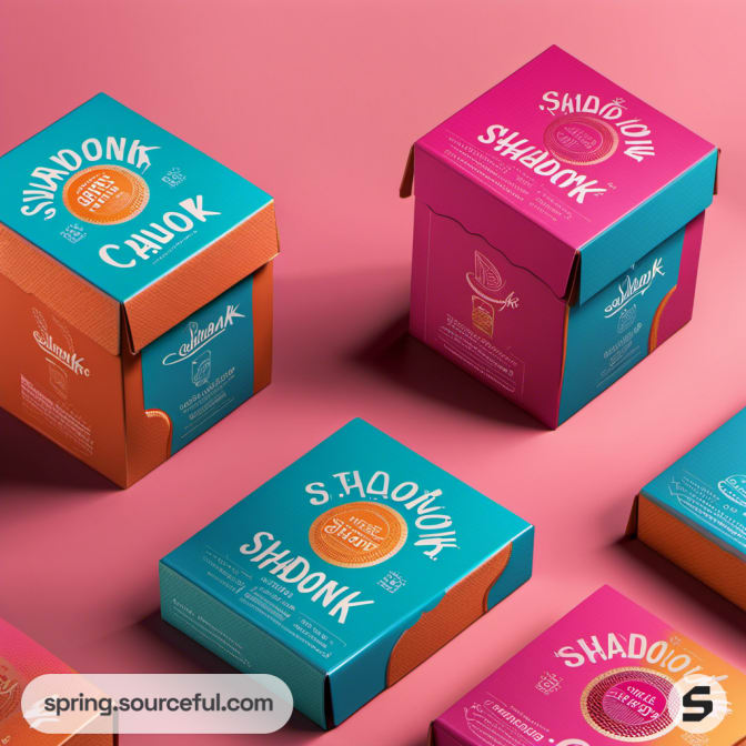 Colorful mailer boxes with bold typography, pink and turquoise colors.