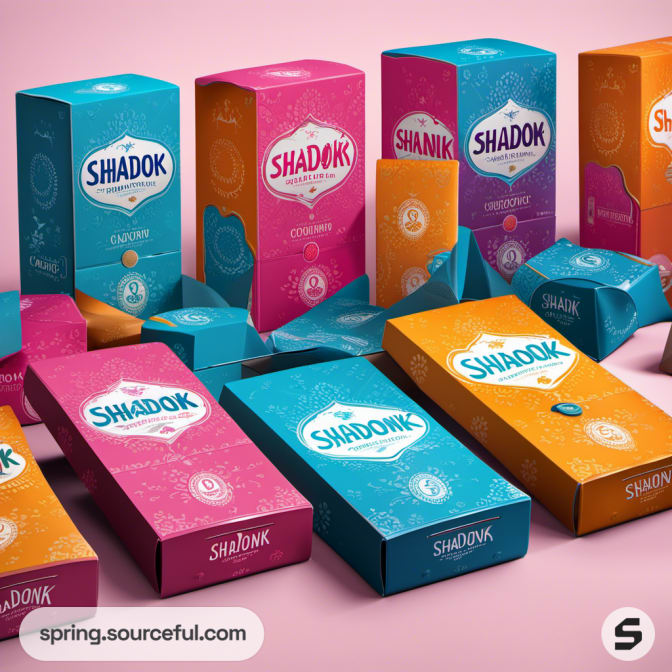 Variety of colorful packaging with vibrant designs and bold fonts.