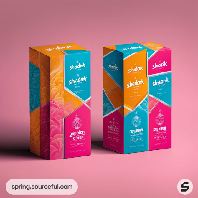 Tall and slender colorful boxes with geometric designs and bold text.