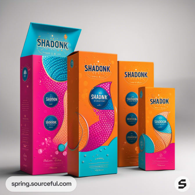 Mid-sized boxes in orange and pink with vibrant, circular patterns.