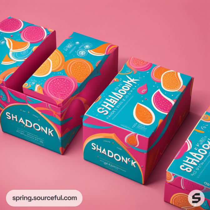 Colorful boxes with fruit illustrations and stylized fonts on pink background.