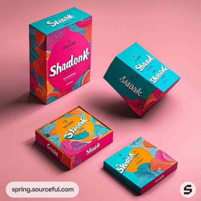 Various box sizes in vibrant designs with stylized patterns on a pink surface.