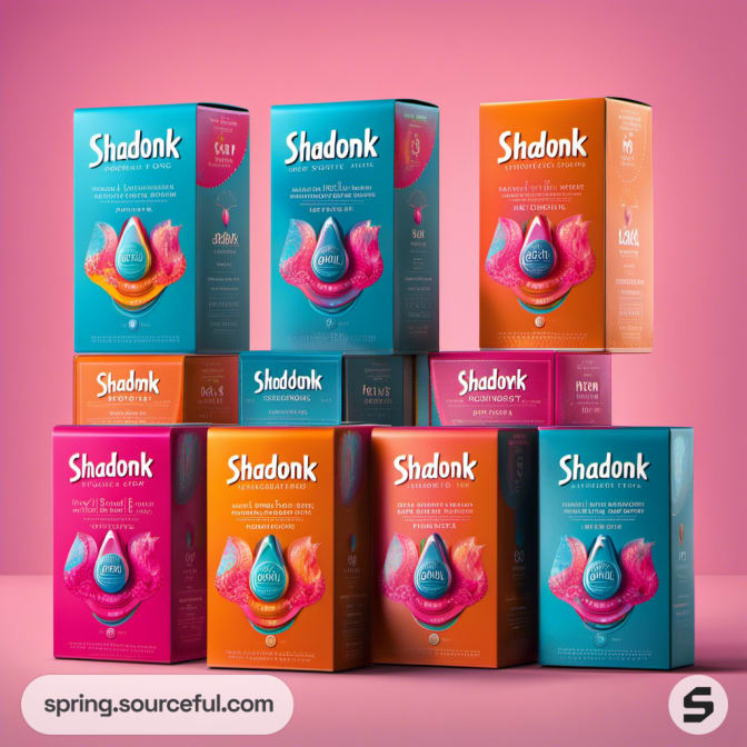 Tall, rectangular boxes with colorful liquid drop illustration on each package.