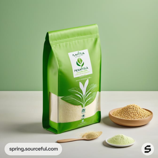 Green resealable pouch with plant illustration, containing powder and seeds.
