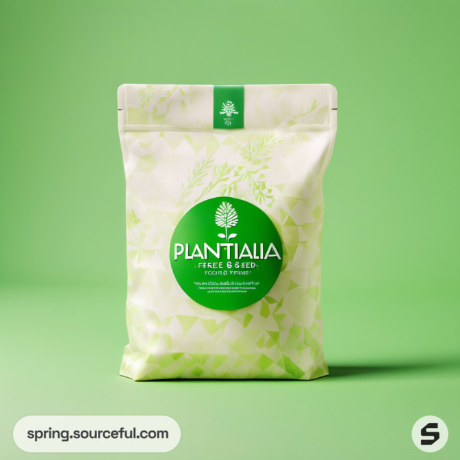 Light green pouch with circular label, featuring tree graphic and patterns.
