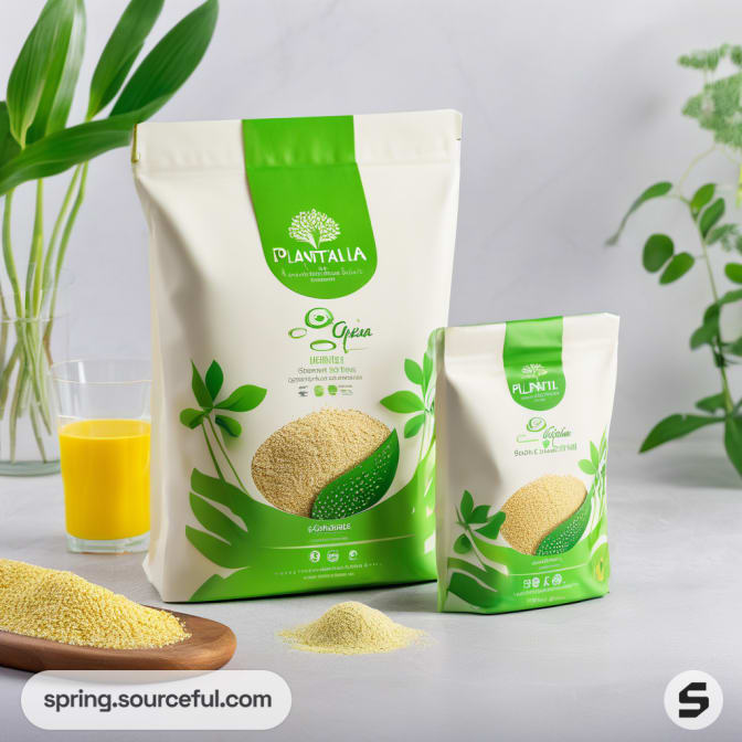 Two pouches with plant graphics, placed with seeds and a glass of orange juice.