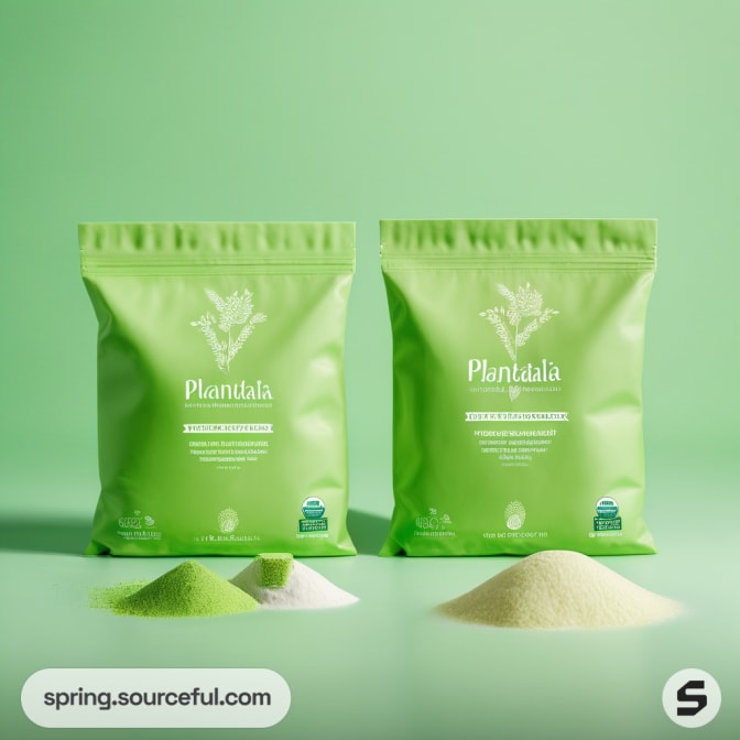 Two green pouches with subtle design, containing powders in front.