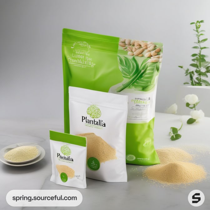 Three packages of varying sizes with green design, alongside seeds and a plant.