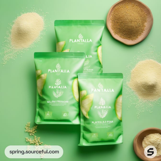 Three green pouches with subtle design, surrounded by grains and bowls.