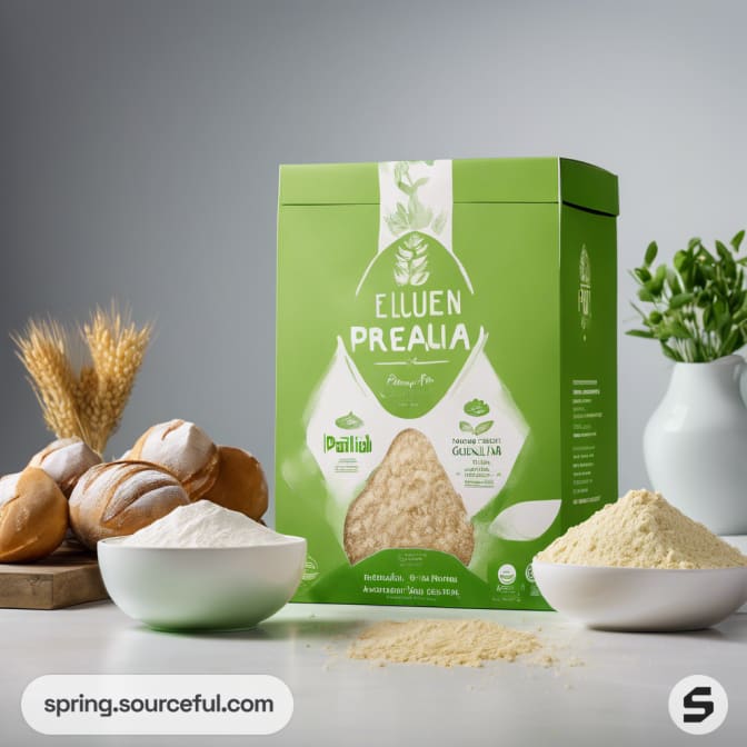 Green and white box with plant graphics, beside bowls of flour and bread.