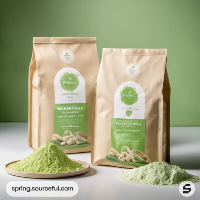 Two beige bags with green labels and powder piles in front.