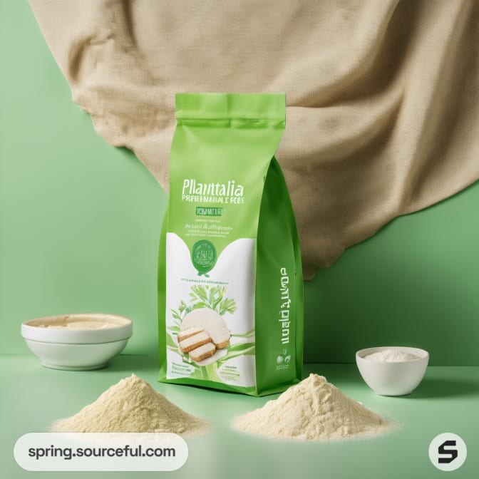 Green packaged pouch with leaf design, placed among bowls and powders.