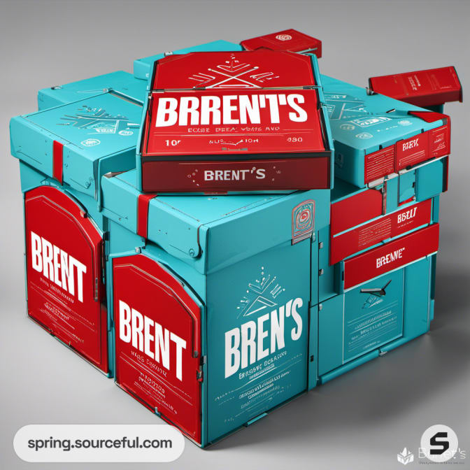 Teal and red branded boxes stacked artistically.