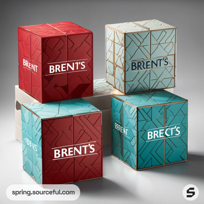 Red and teal cube boxes with pattern designs.