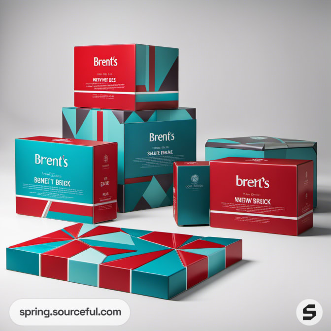Geometric patterned boxes in teal and red.