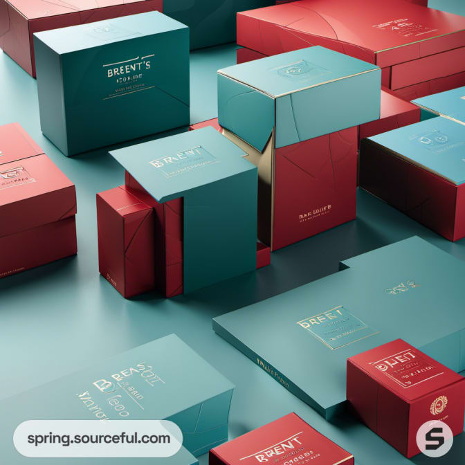 Assorted teal and red boxes, some stacked.