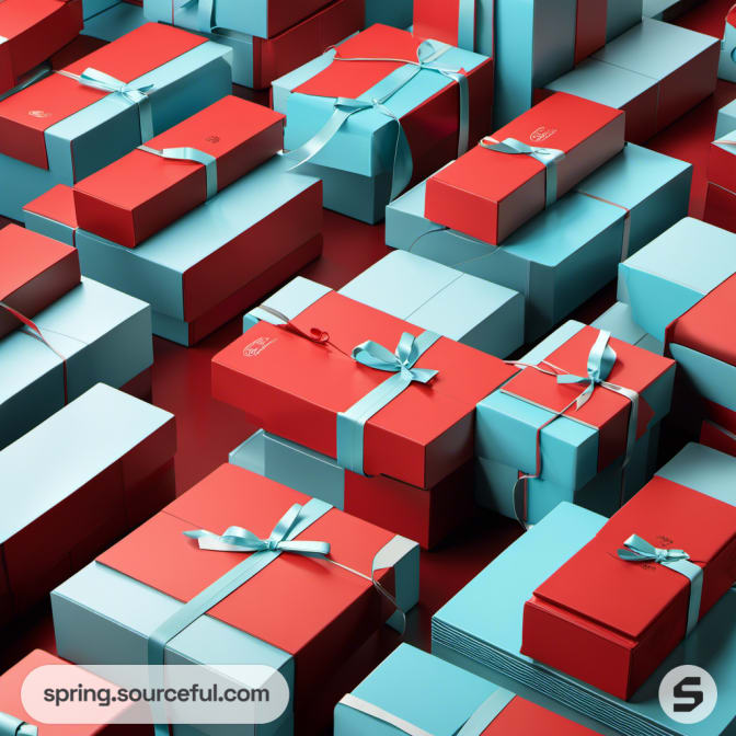 Red and teal gift boxes with matching ribbons.