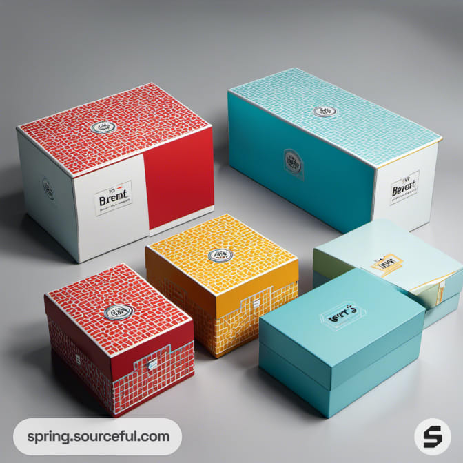 Patterned boxes in red, teal, white, and mustard.