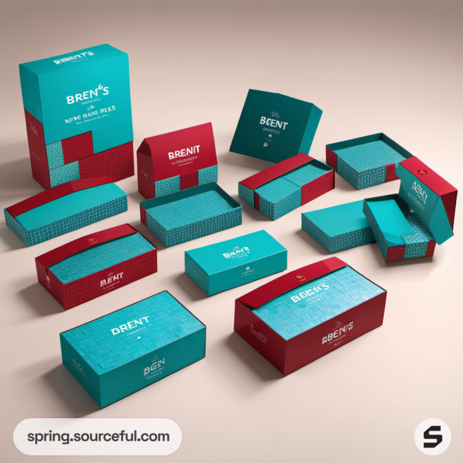 Various sizes of teal and red packaging boxes.