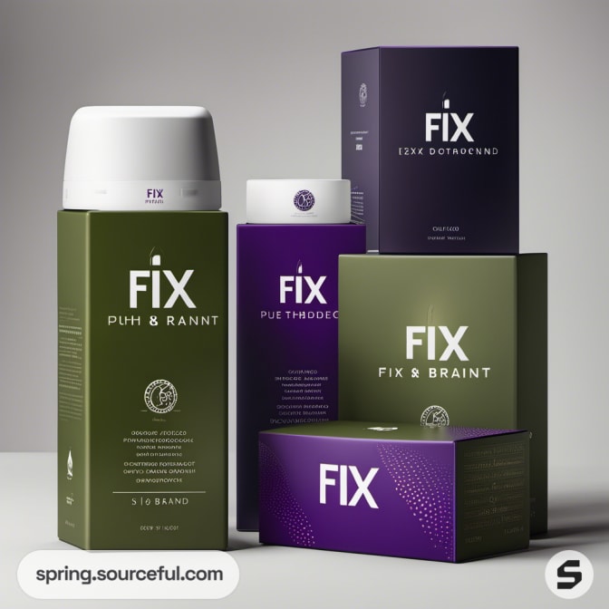 Assortment of FIX product boxes in green and purple colors.