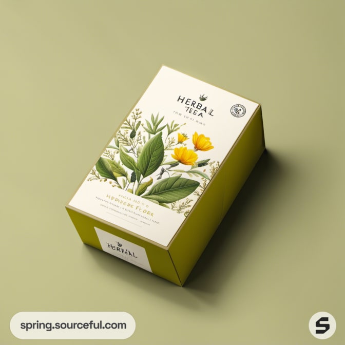 Olive green tea box with floral illustrations and herbal elements.