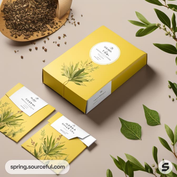 Yellow herbal tea box with leaf design, two sachets, and loose tea leaves.