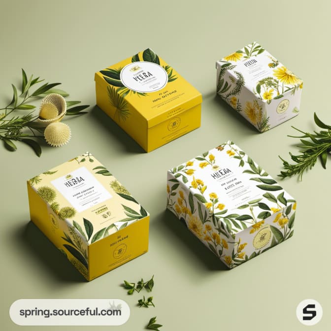 Four herbal tea boxes with floral patterns in yellow and white on green surface.