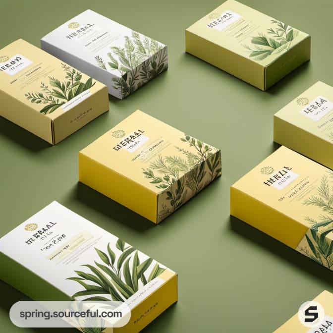 Array of seven herbal tea boxes with green and yellow botanical themes.